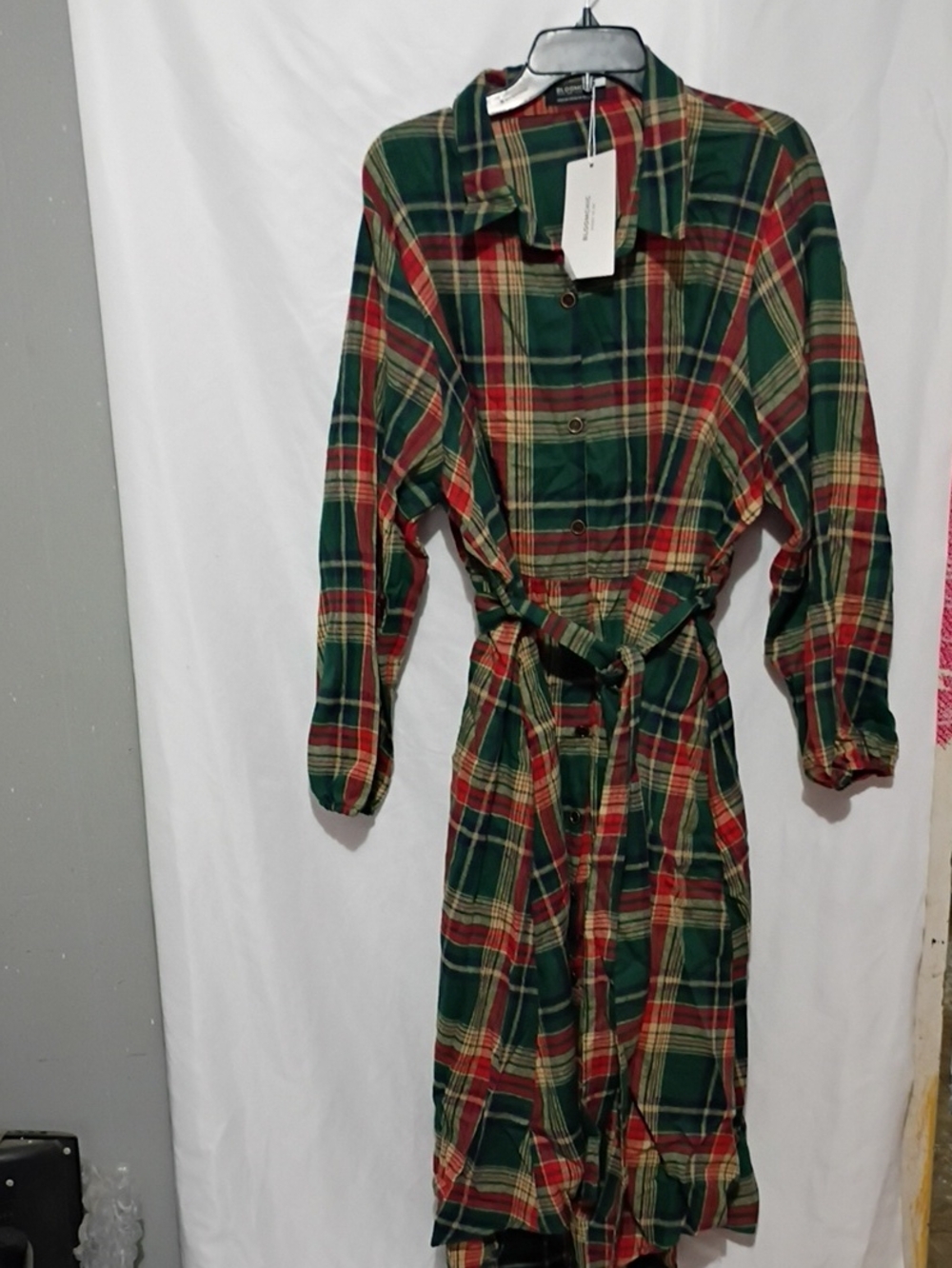 BloomChic Women's Green, Red & Cream Plaid Shirt Dress with Waist Tie